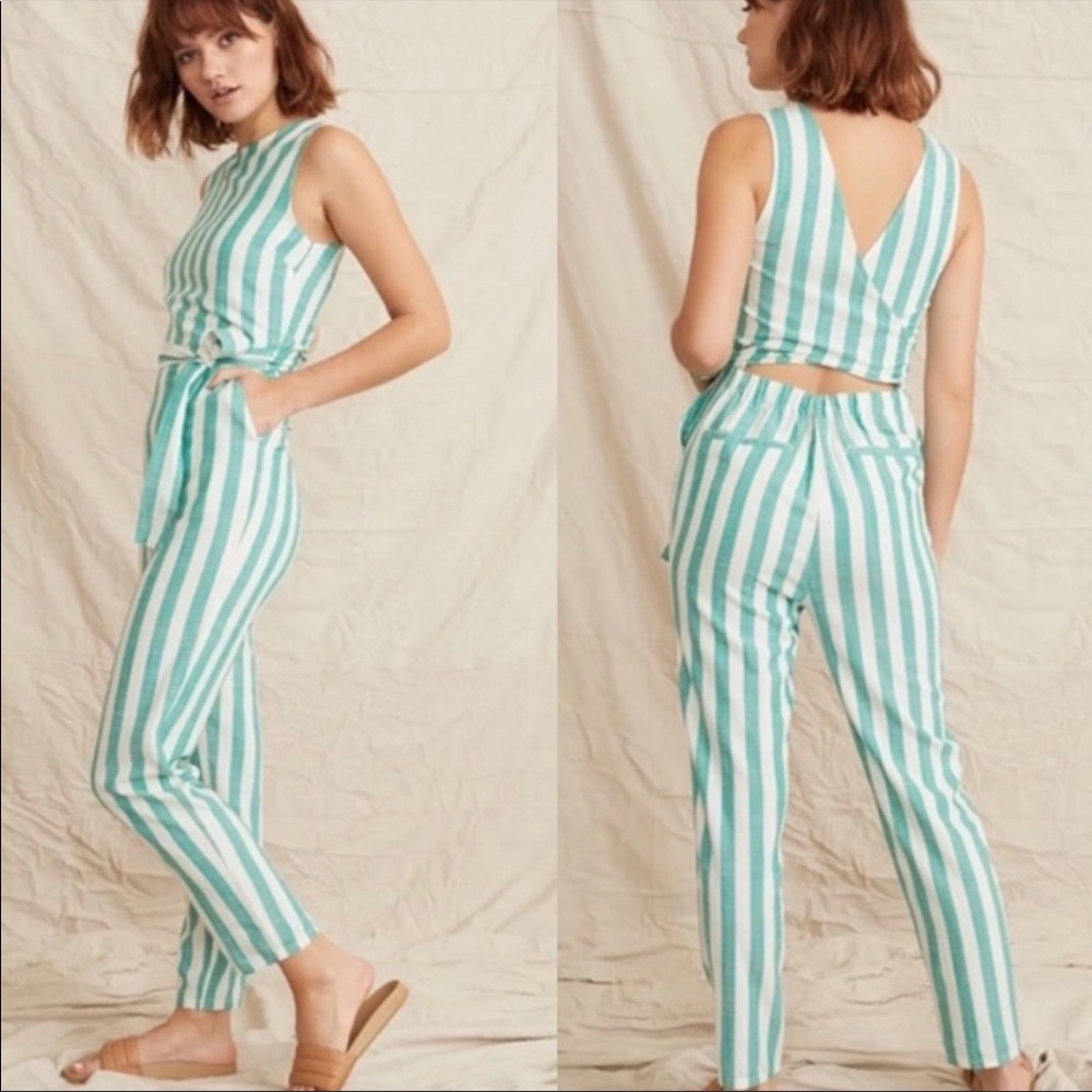 MARINE LAYER NWOT Eloise Green & White Striped Linen-Like Tencel Tie Jumpsuit